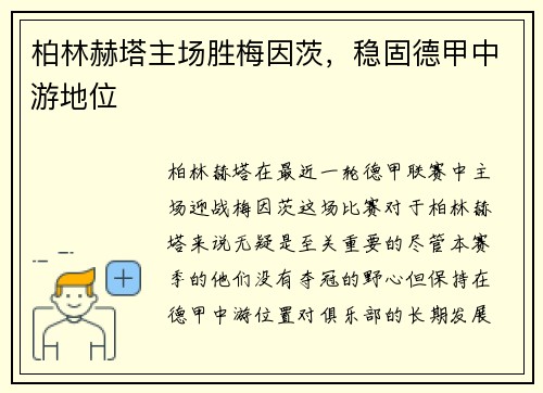 柏林赫塔主场胜梅因茨，稳固德甲中游地位